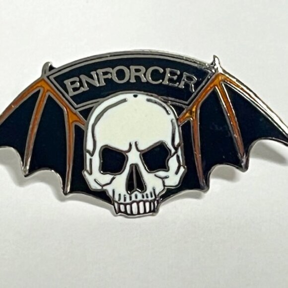 VTG Black White Enforcer Skull Bat Wings Lapel Jacket Hat Pin Collectible - Picture 2 of 9